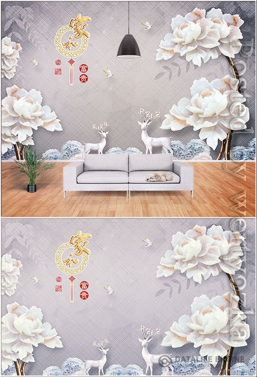 Fashion jade carving peony flower elk leaf home and rich background wall