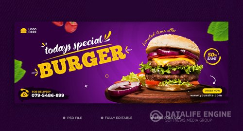 Food menu delicious burger and facebook cover template psd