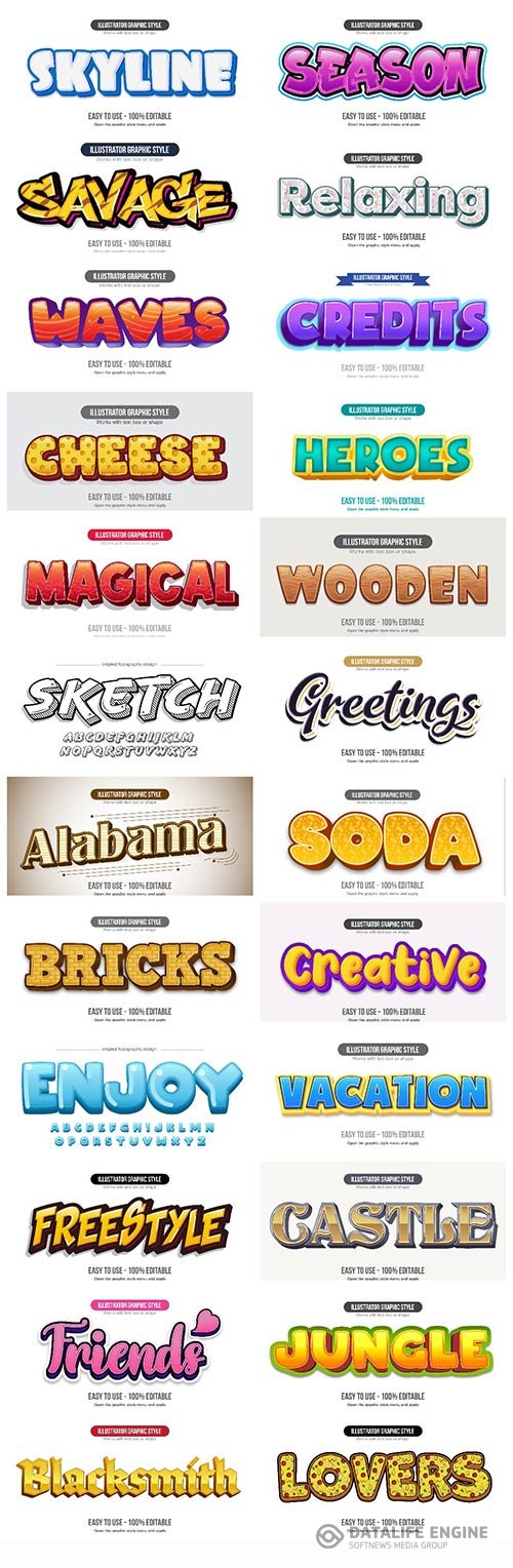 Set 3d editable text style effect vector vol 1