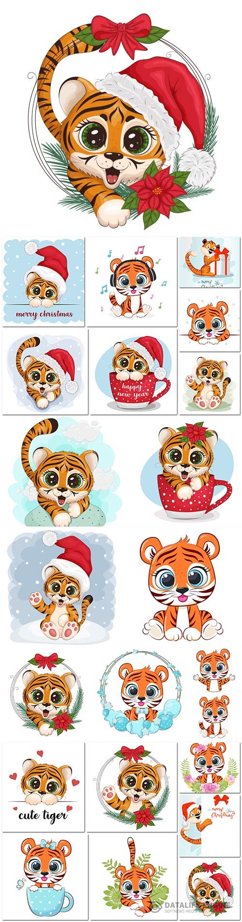 Cute cartoon tiger, christmas, new year card 2022 vector illustration