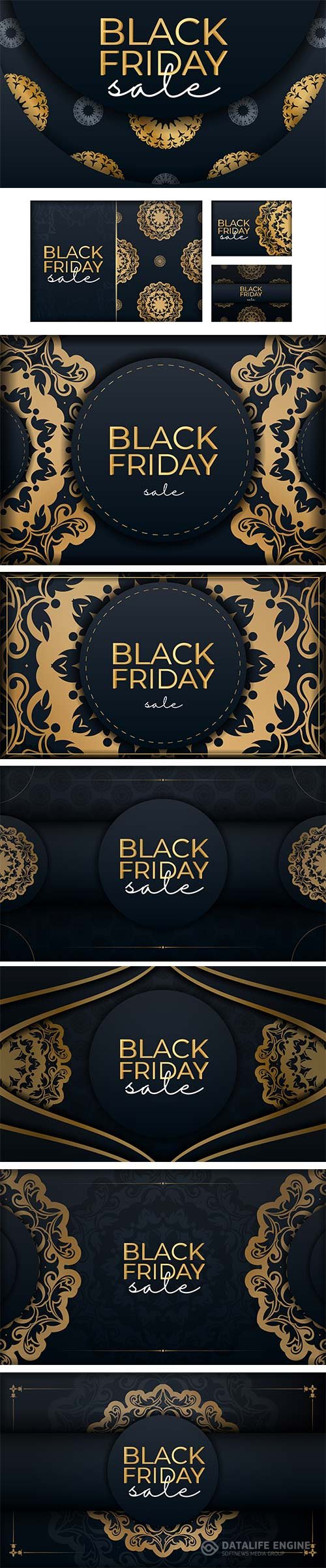Black friday sale poster with vintage gold pattern premium vector