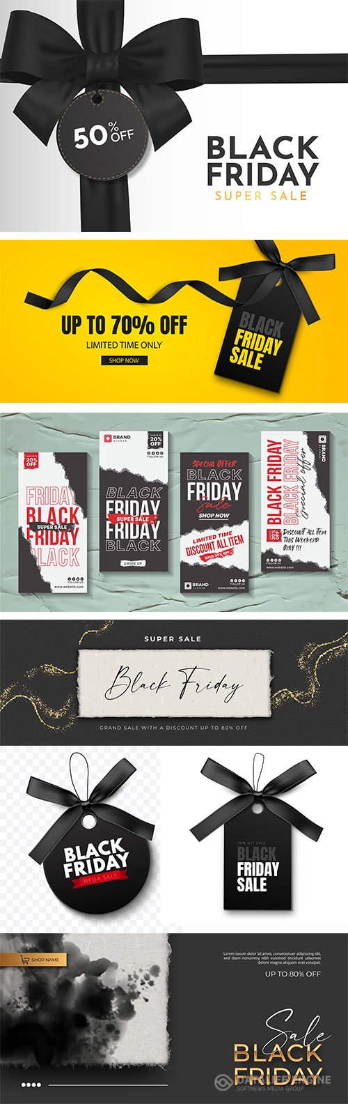 Black friday sale banner with vector realistic 3d objects
