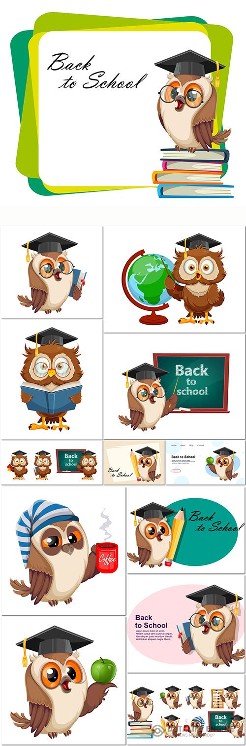 Cute wise owl set of three poses funny owl cartoon character back to school concept premium vector