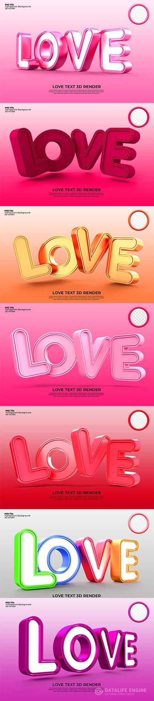Letter love 3d render for valentine day psd
